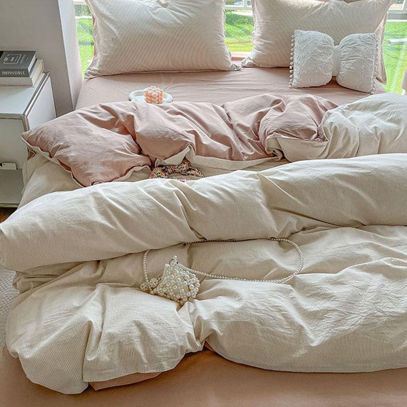 Fine Stripe Printed Bedding Set Washed Skin Friendly Naked Sleeping Comforter Cover Sets Comfortable Breathable Duvet Cover Kit