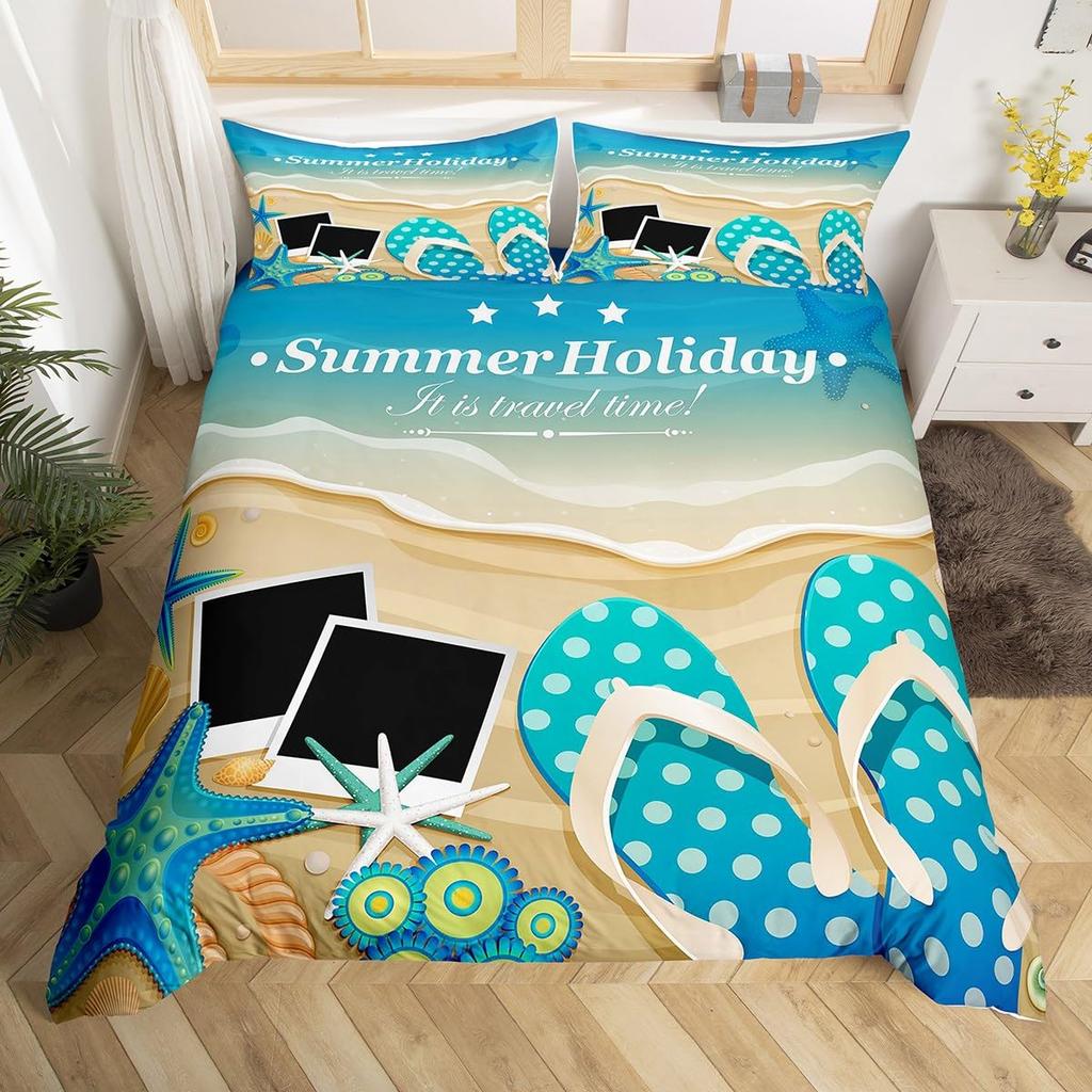 Sumer Hawai Beach Soft Duvet Cover Ful Ocean Beding Set for Young Boys Young Girls, Lovely Flip Flops Slipers Conch Starfish Warm Comforter Cover