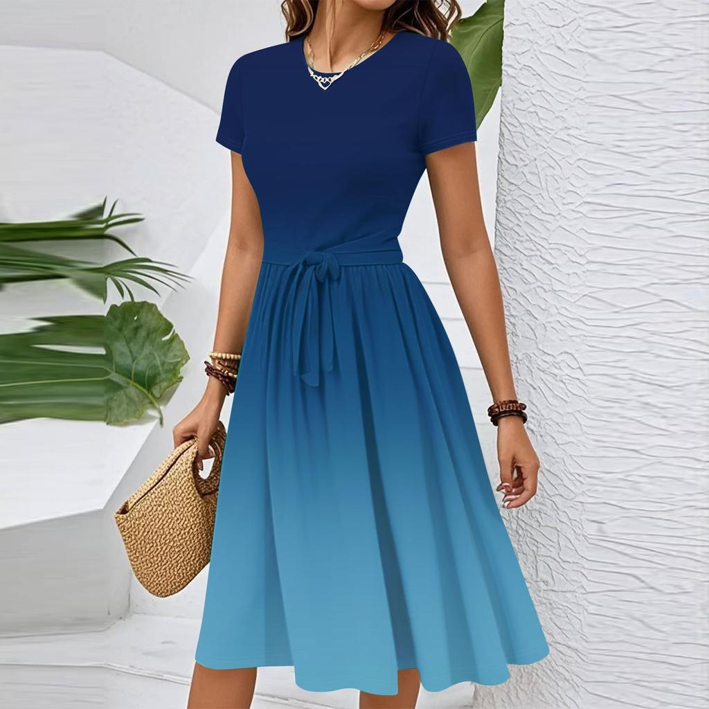 Damen Casual Mode Gürtel Kleid mit floralem Druck, kurzen Ärmeln und Rundhalsausschnitt