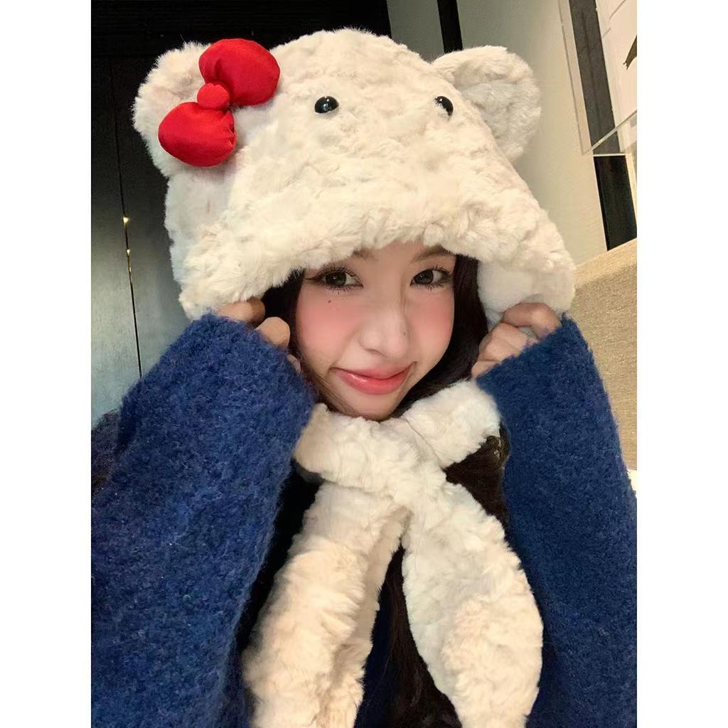 New bow hat, scarf integrated, warm and thickened, cute, small face, big brim and big head.