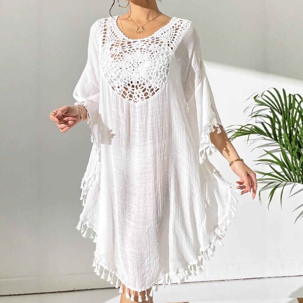 Square Neck Swimsuit Cover Up Dress Loose Beachwear Shirt Fashion Summer Sunscreen Smock  for Women