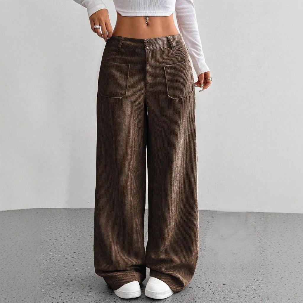 Pantalones de Pana de Pierna Ancha de Cintura Alta con Bolsillos