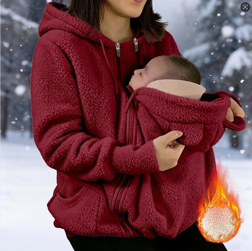 Women's Maternity Hoodie Sherpa Fleece Zip Up Nursing Sweatshirt With Baby Carrier Pouch Solid Color Winter Warm Top