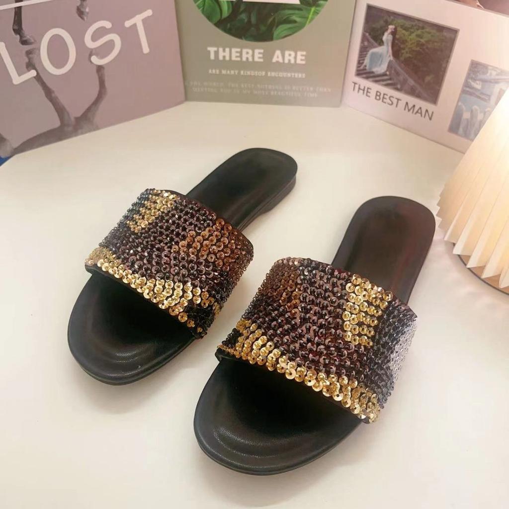 Fashion Blingbling Rhinestone Flip Flops Women Square Toe Flat Crystal Slippers Fashion Party Mules Summer Beach Slides Shoes Femininas