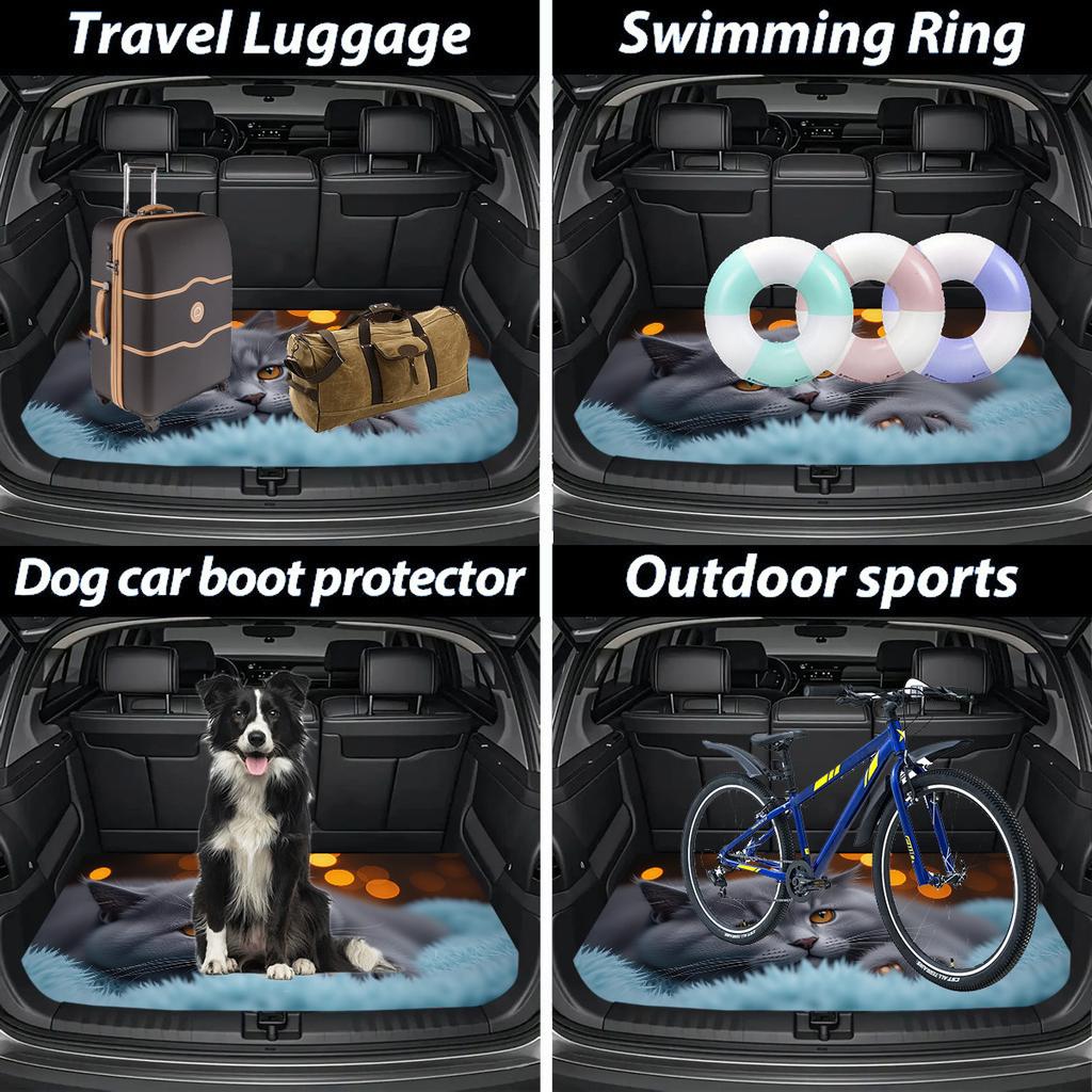 1Pcs Gray Cat Plush Background Car Trunk Mat Anti Slip Cargo Liner Waterproof Storage Protector for SUV Sedan
