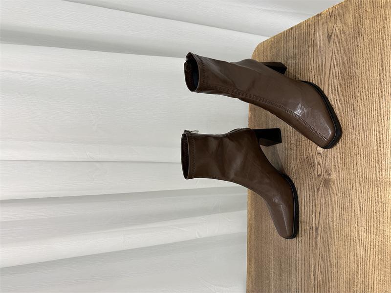 Square Head Thick Heel Short Tube Martin Boots Rear Zipper 2026 Spring and Autumn New Spice Girl European and American Small Style Elastic Thin Boots