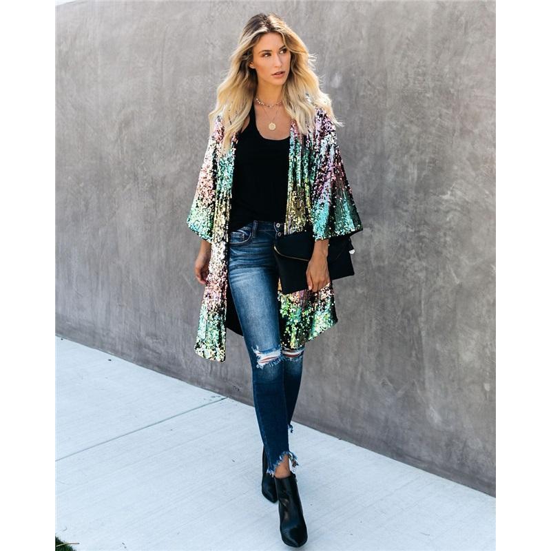 Damski Kolorowy Kardigan z Cekinami Płaszcz Trenczowy Styl Miejski Odzież Wierzchnia Dla Kobiet Unikalny Design Streetwear Odzież Wierzchnia