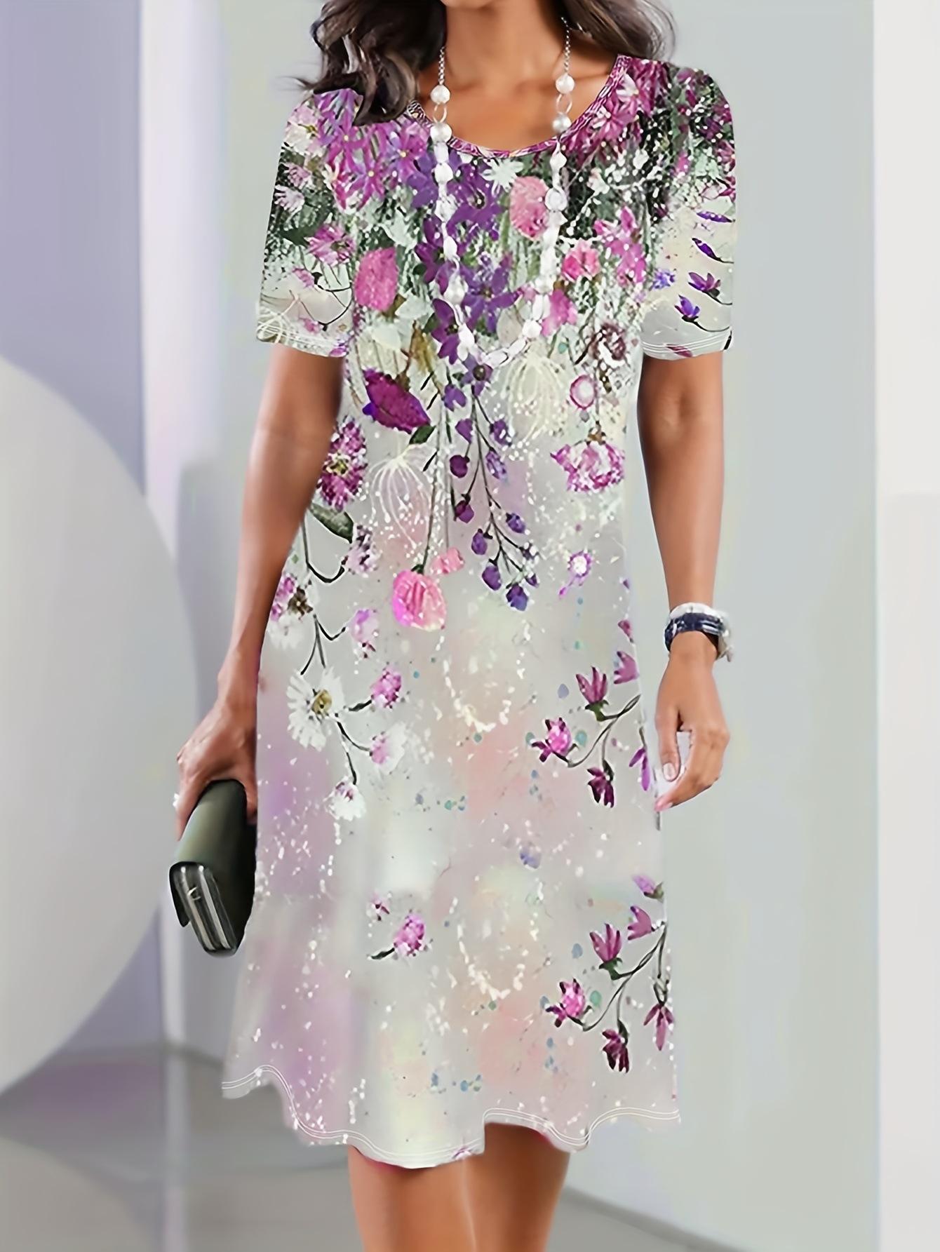 

New summer flower pattern dress 3D digital printing breathable round neck medium and long dress temperament women s clothing 5XL