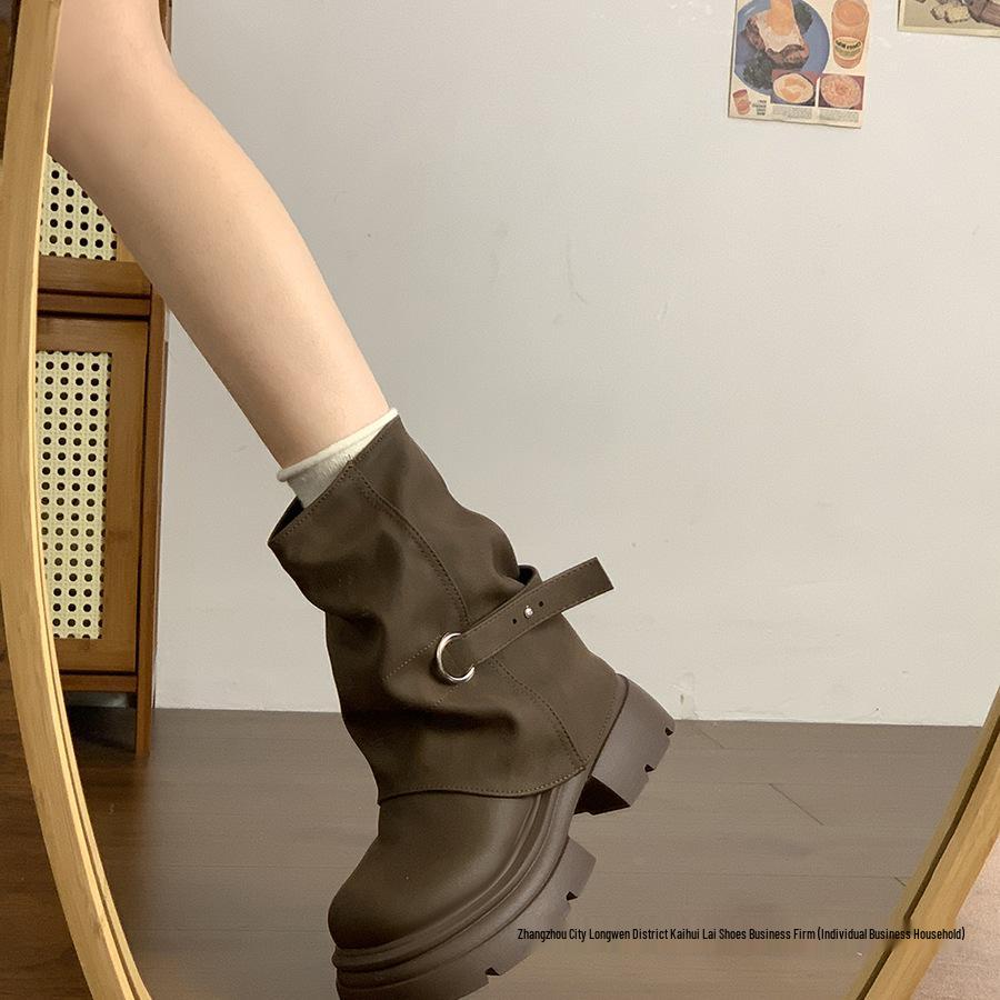 Meillard Women's Brown Retro Round Toe Boots - Short Shaft, Thick Sole, British Style, 2025 Autumn/Winter Collection.