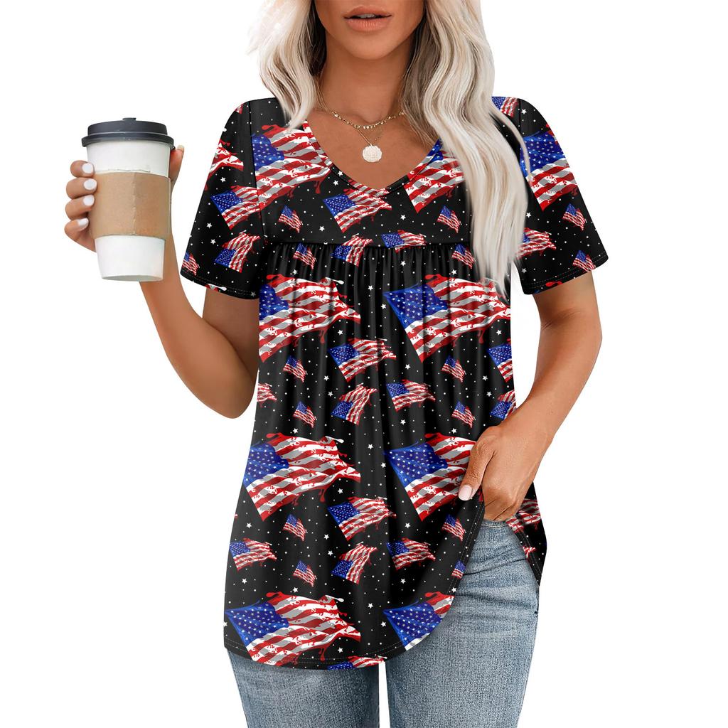 Women's Casual V-Neck Short Sleeve Chest Ruffle Printed Top