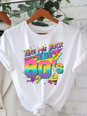 Back To the 80s, Vintage StyleGraphic Print Tshirt, Short Sleeve Crew Neck Casual Top for Summer Spr