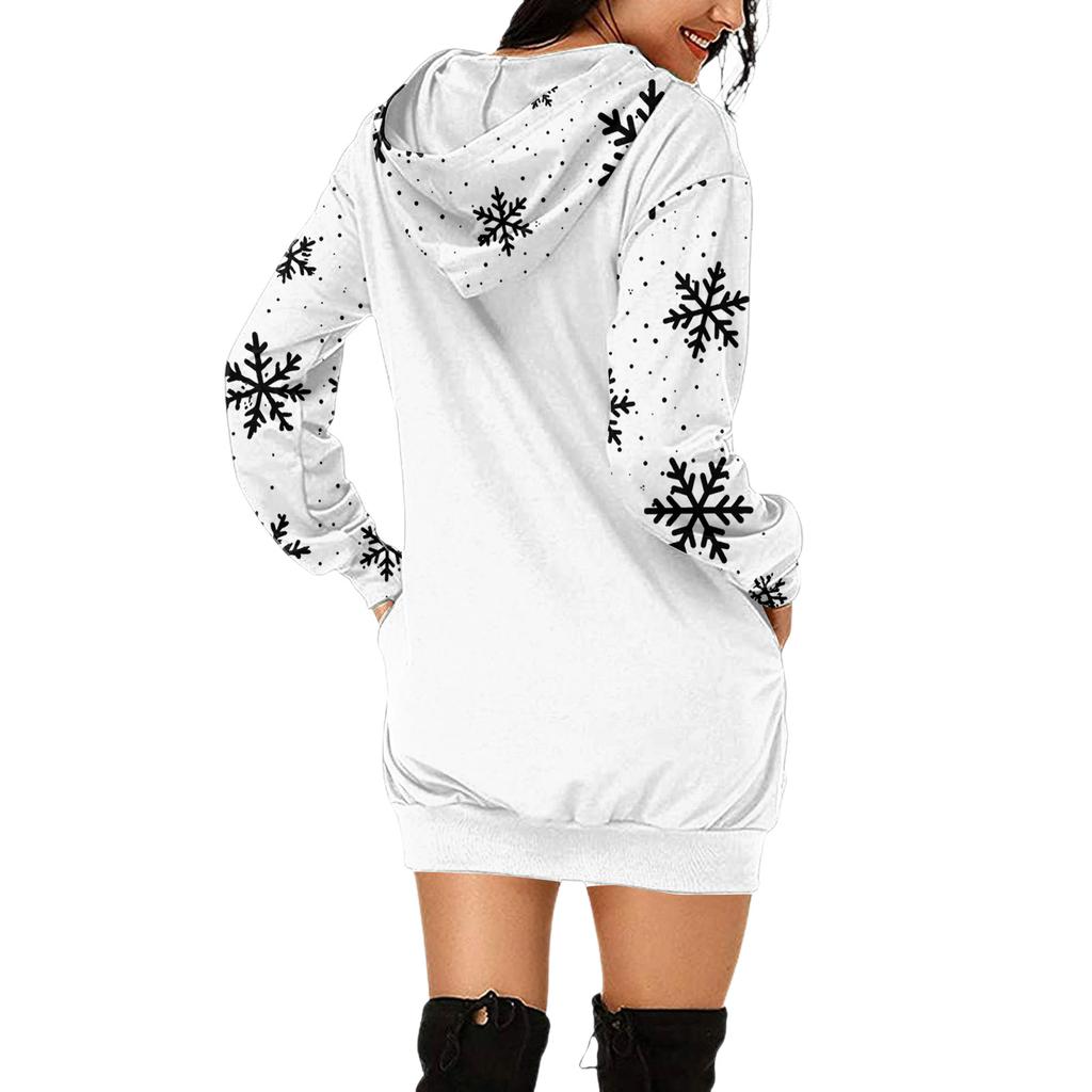 Women's Christmas Print Long-Sleeved Hooded Pocket Pullover Dress