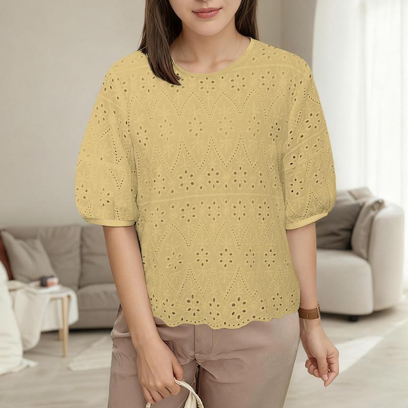 ZANZEA Women Casual Round Neck Short Sleeve Embroidery Crochet Patchwork Blouse