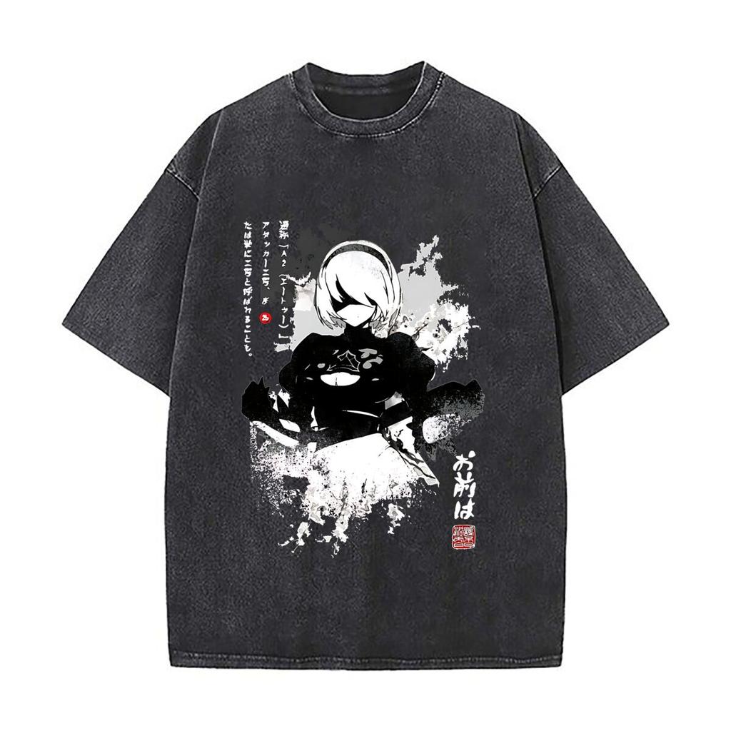 B from NieRAutomata In Ink Style Mens Summer Tee Cotton Retro Washed TShirt