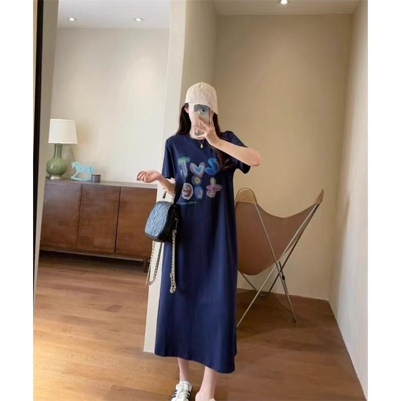 

Свободное женское платье-футболка с коротким рукавом и круглым вырезом большого размера, длинное и непринужденное женское платье до колен 4XL тёмно-синий