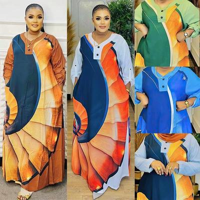 European and American Large Size Women's Satin Print Dress, Arabic Robe Style 8901