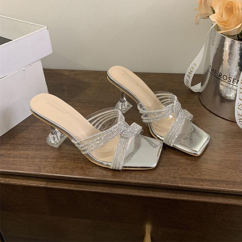 Transparent crystal wine glass and sandals women's shoes summer square head wedding shoes cross rhinestone high heels