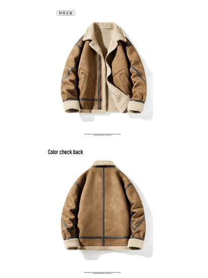 Men's Winter Suede Leather Jacket: Loose Fit, Turn-Down Collar, Fleece Lined, Thickened Leather Fur, Streetwear Outerwear.