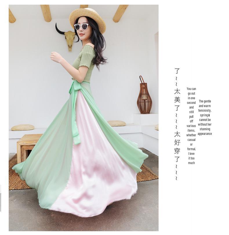 Two-Tone Satin Chiffon Lace-up Dance Midi Skirt for Women