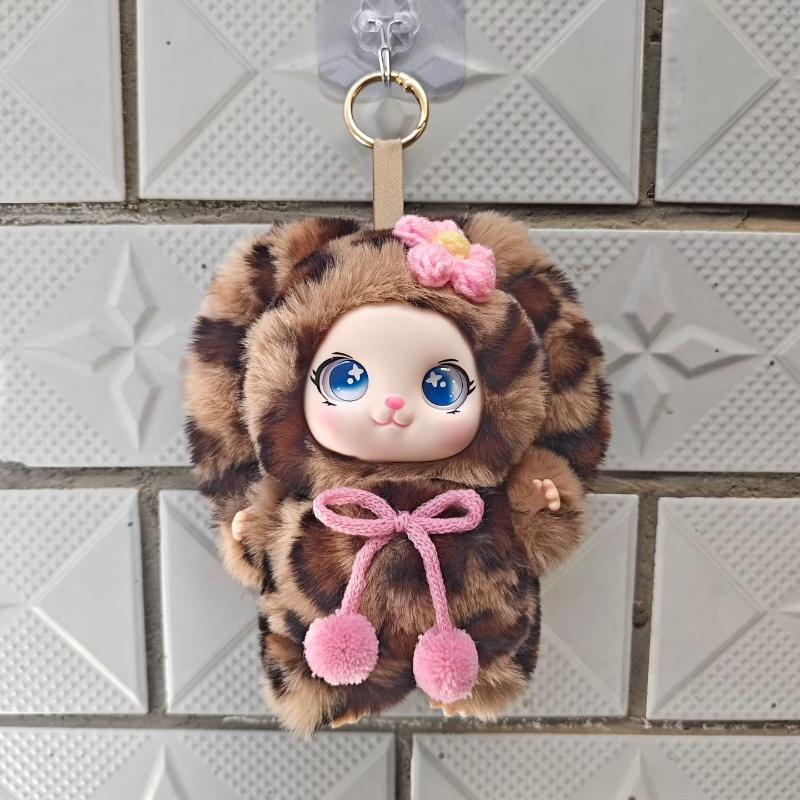 Cute Big Eyes Plush Keychain Soft Fluffy Faux Fur Checkered Bow Doll Pendant for Purse Decoration Girls Gift