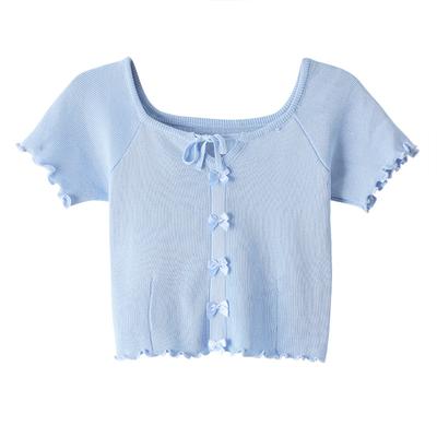 Camiseta de Punto de Manga Corta con Cuello Cuadrado para Mujer en Verano Diseño Nicho Top de Outfit Corto de Chica Hot