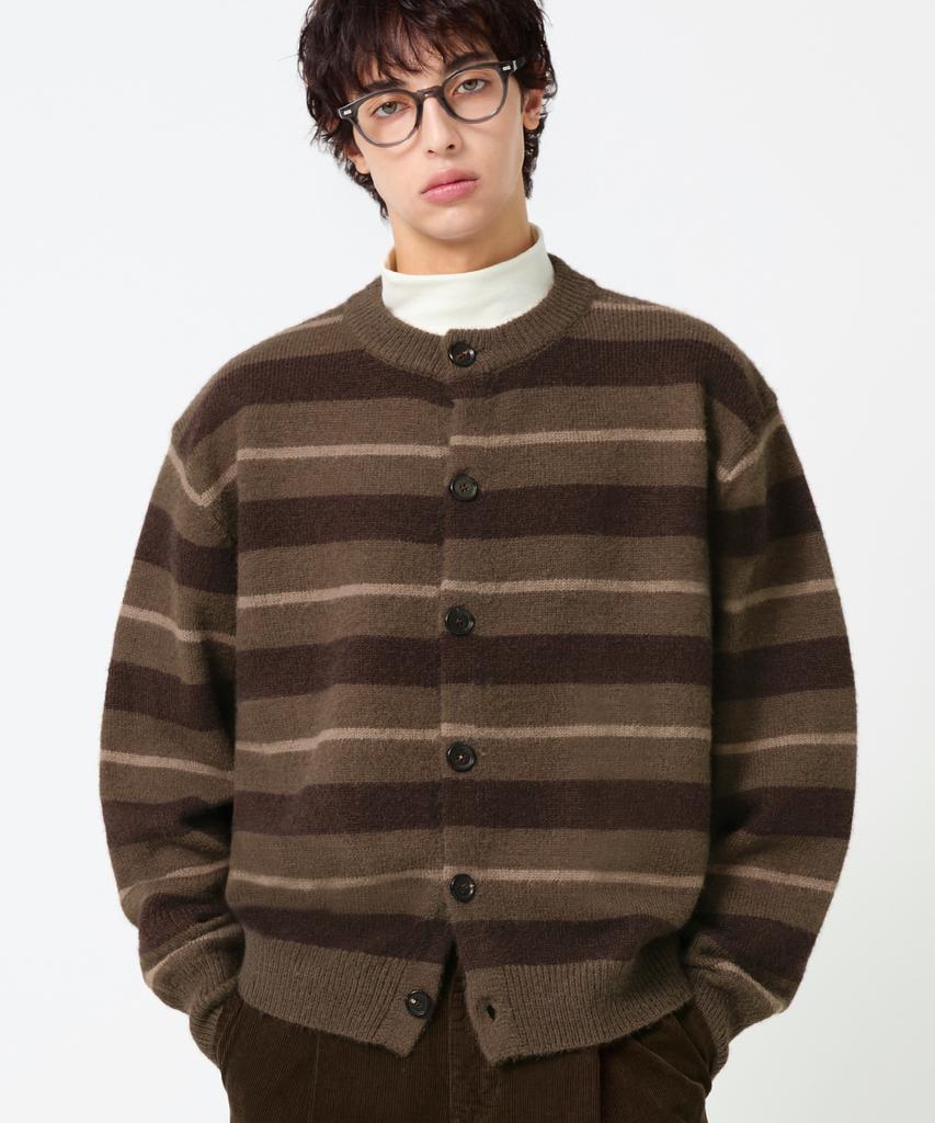 TRILLION Washable Hairy Striped Button Cardigan Knit_Brown