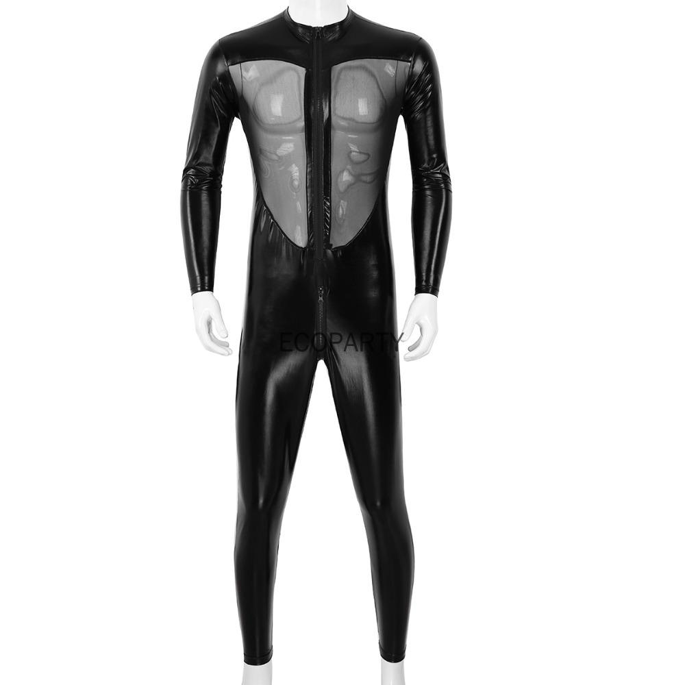 Men Faux Leather Stretch Catsuit Sexy Transparent Mesh Zipper Open Crotch Erotic Tight PVC Bodysuit  Fetish Costumes Ecoparty
