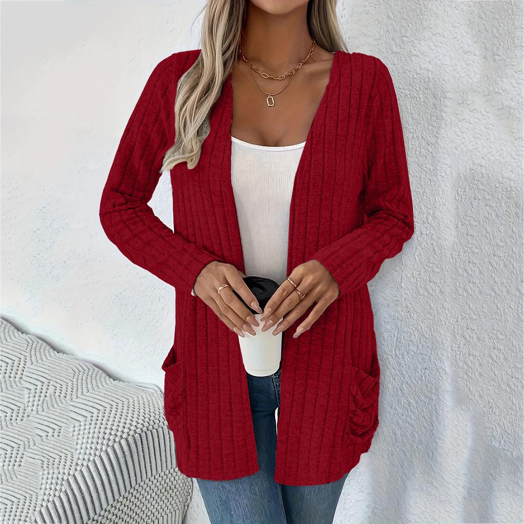 Women's Fashionable Loose Color Ribbed Brushed Pocket Cardigan Long,sleeved Coat