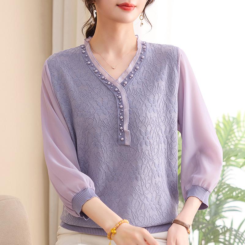 Mom's Spring Three-Quarter Sleeve Knit Top for Middle-Aged and Elderly Women