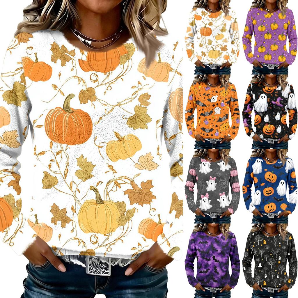 Women's Flannel Long Sleeve Top with Halloween Print Neck Pullover Shirt