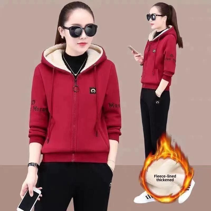 

Fashionable Thickened Fleece Set Women s Loose Casual Outfit Hoodie with Pocket Two-Piece Autumn Winter Style Streetwear XXXL червоний