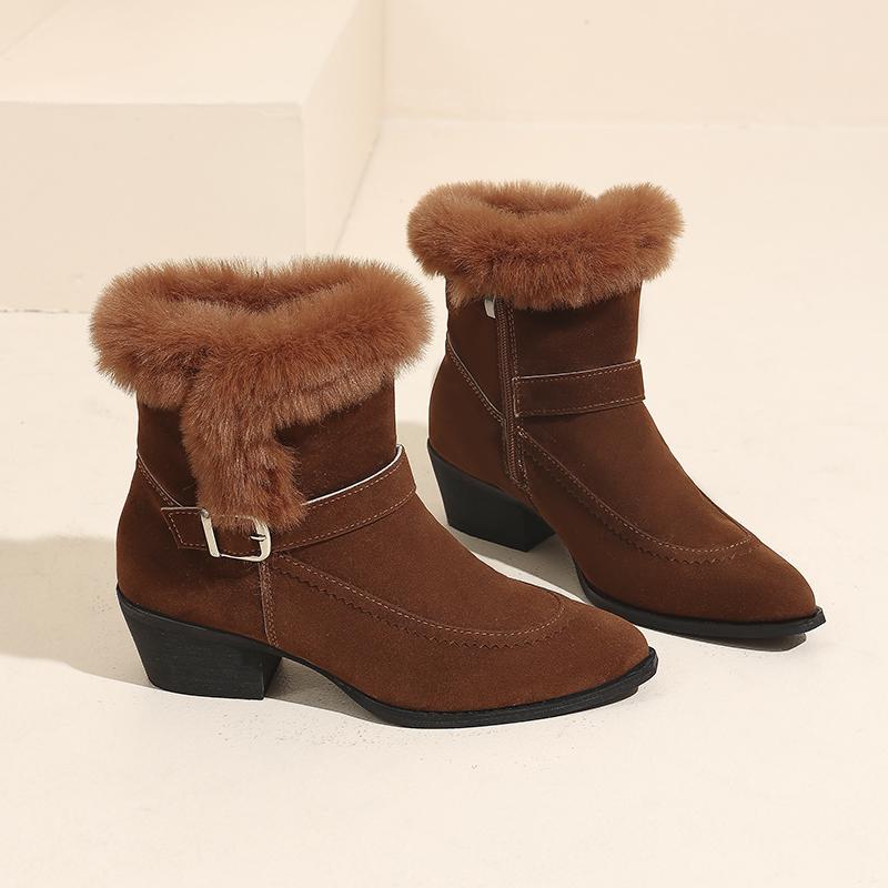 Fashion Winter New Block Heel Cotton Boots Women's Fashion Pointed Toe Side Zipper Suede Metal Buckle Short Boots