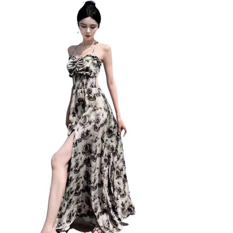 Elegantes französisches Blumenmuster Maxikleid - Sommer, rückenfrei, mit Schlitz und Spaghettiträgern, Trendig und sexy für Damen