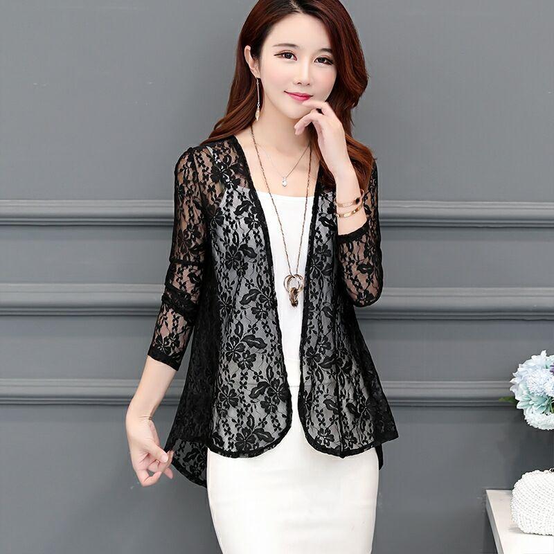 

Летний модный женский весенний кружевной кардиган с длинным рукавом и открытой передней частью, верхняя одежда, блейзер, топы S чёрный