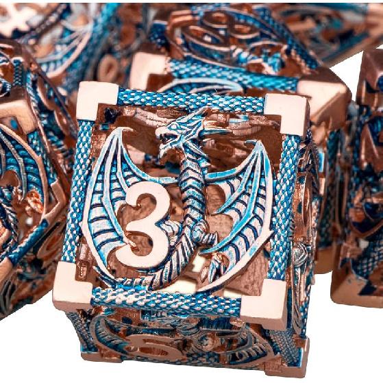 ARUOHHA Hollow DND Dice Set Copper Blue 5-Headed Dragon D and D Dice with Gift Box, Dungeons and Dragons Role Playing Games 7PCS Metal Polyhedral