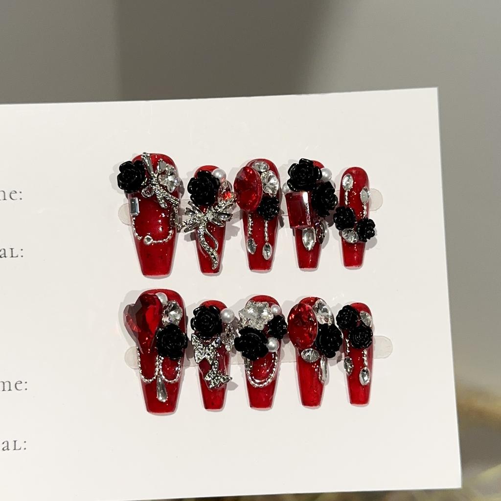 Red Medium Coffin Press On Nails Square Fake Nails French Tip Glue On Nail with Design Reusable False Acrylic Nails Full Cover Stick On Nail for Women