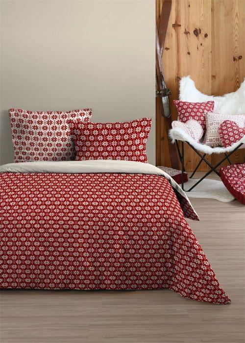 Housse de couette + taies - Esprit chalet - 100% coton - 220x240 cm - Rouge