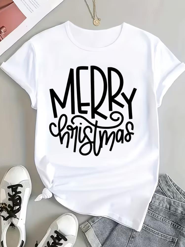 (Asian Size) Peace Trend Christmas Clothing T Shirt Tee Top Festival New Year Women Fashion Print Female Woman Short Sleeve Graphic T-shirts