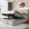 Cotton-linen upholstered bed, with hydraulic lever, bed box storage, rivet decoration, 140 x 200 cm, without mattress