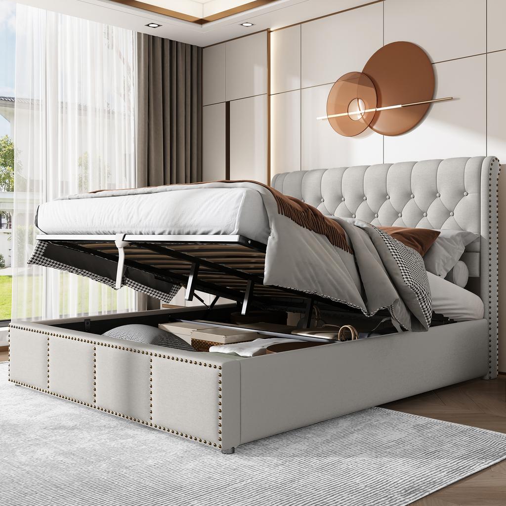 Cotton-linen upholstered bed, with hydraulic lever, bed box storage, rivet decoration, 140 x 200 cm, without mattress