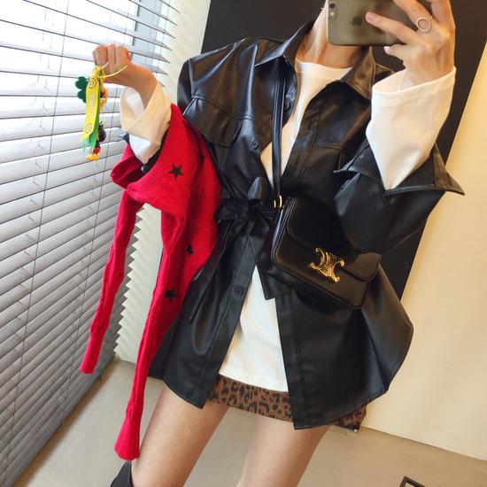 Stylish Leather-Look Asymmetric Shirt Jacket with Belt