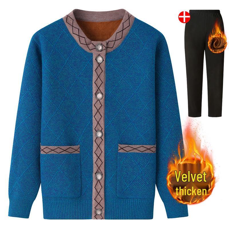 Women's Fleece-Lined Knitted Cardigan for Autumn/Winter - Ideal for Middle-Aged and Elderly.