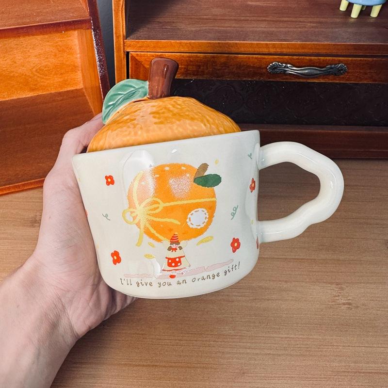 Daji Dali Orange Ceramic Cup with Lid Cute Cat Mug New Year Gift Coffee Cup Office Water Cup