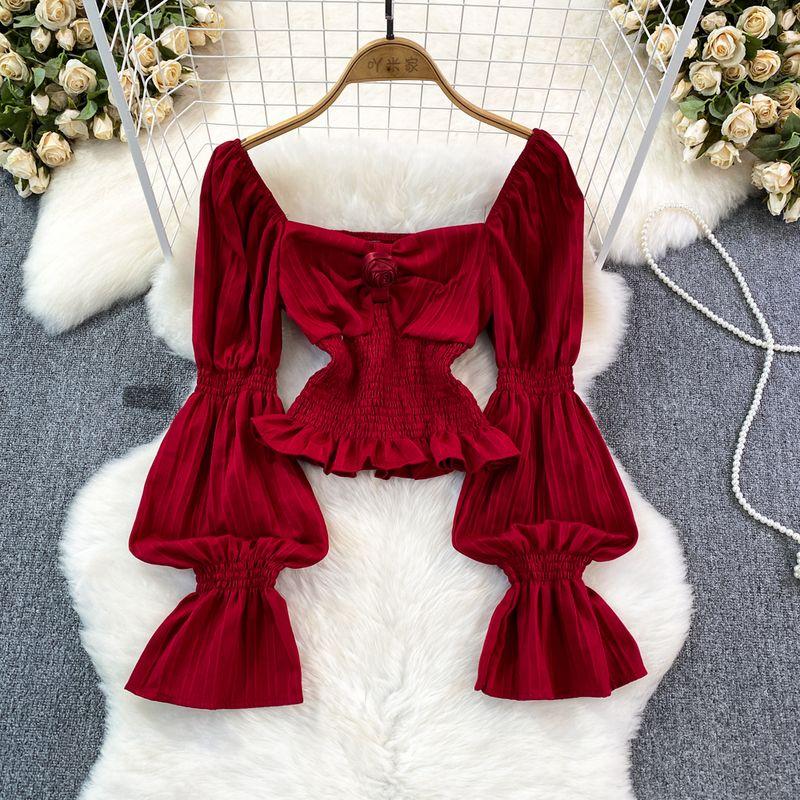 

Сладкий Сексуальный Труба Длинные Рукава Лист Лотоса Расклешенный Слим Цветы Red One size