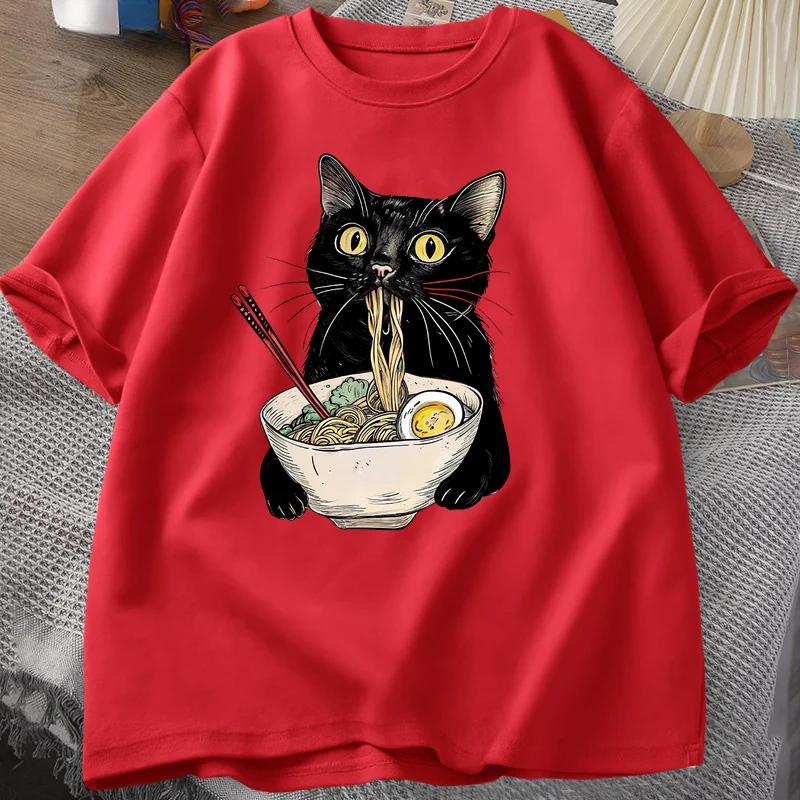 Noodle Ramen Cat T-Shirt Foodie Lover T Shirts Black Cat Noodle T-Shirts Retro Short Sleeve Tshirt for Men Women Clothes