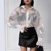 French Fashion Perspective Mesh Shirt Women's Spring Design Sense Stacked Lapel White Long-sleeved Top Women's Clothing
