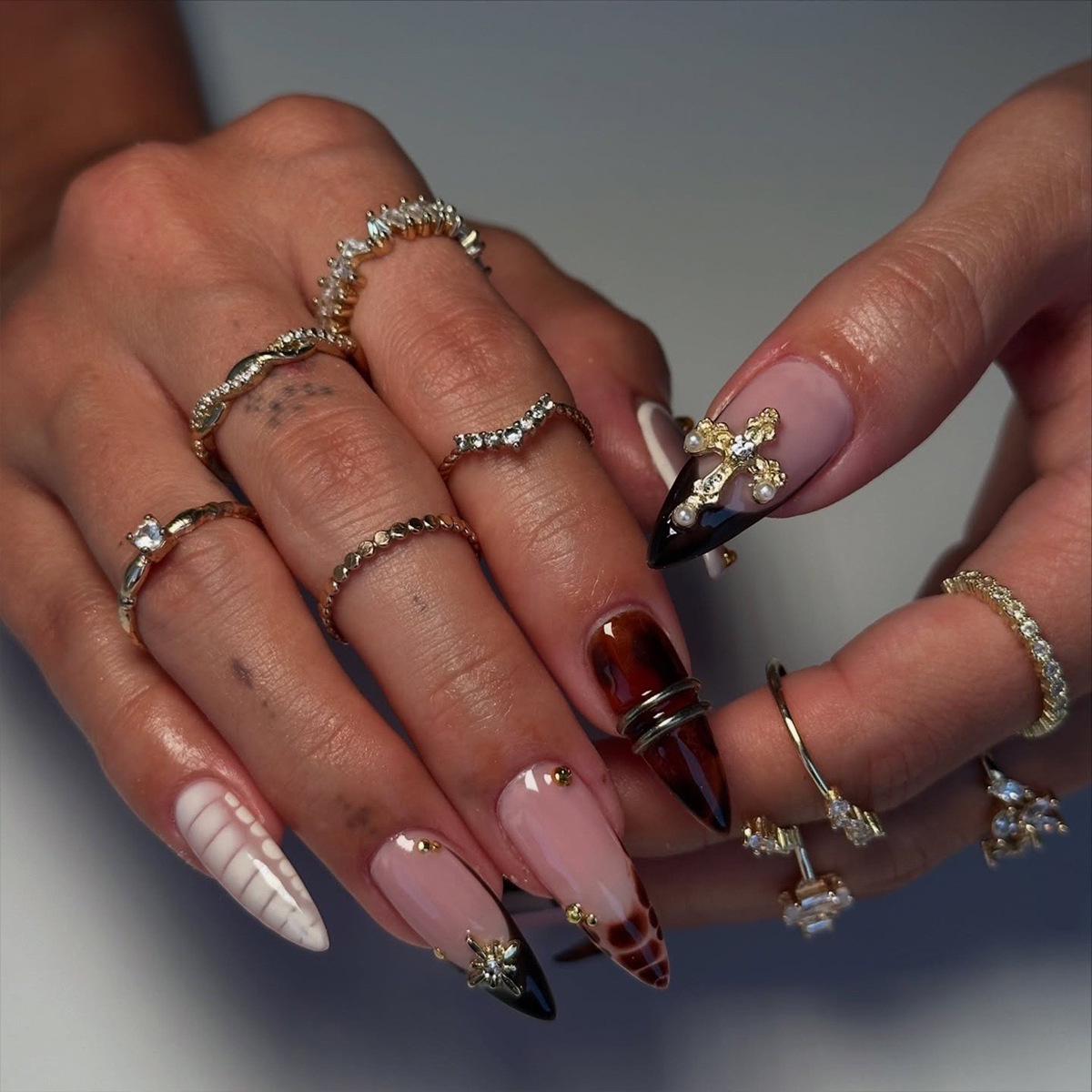 Dark Sweet Style Cross Metal Decor Wearable Pink Black Long Pointed Fake Nail Stickers