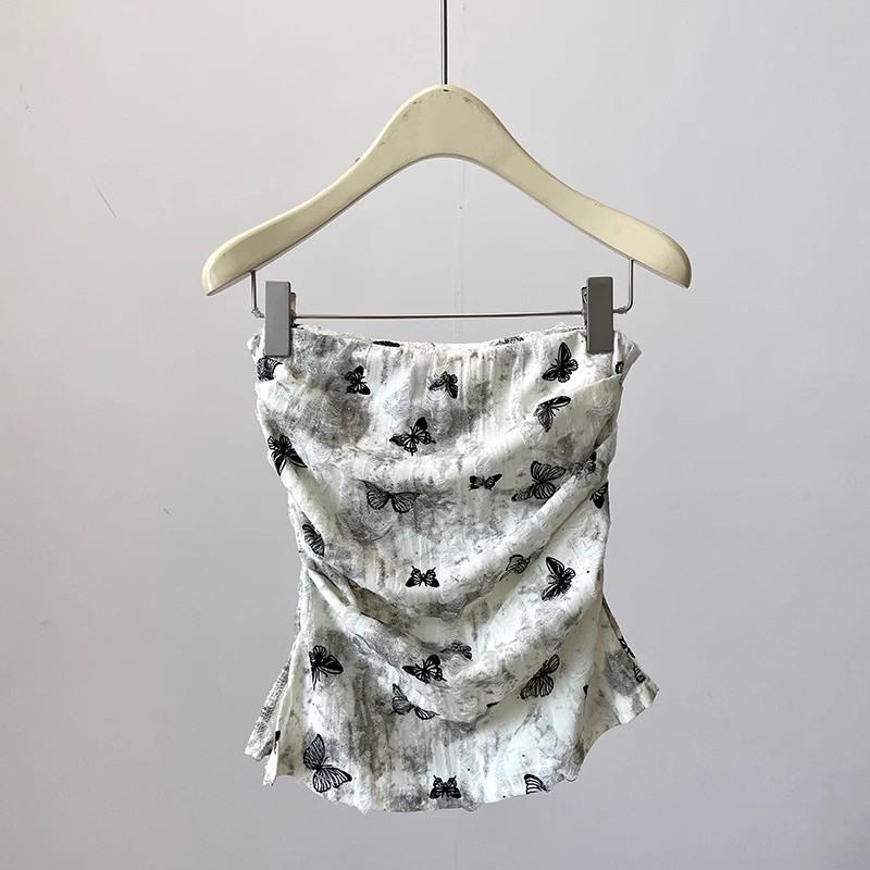 

Женский топ-труба без бретелек, жилет с принтом бабочки, плиссированные нерегулярные топы One Size