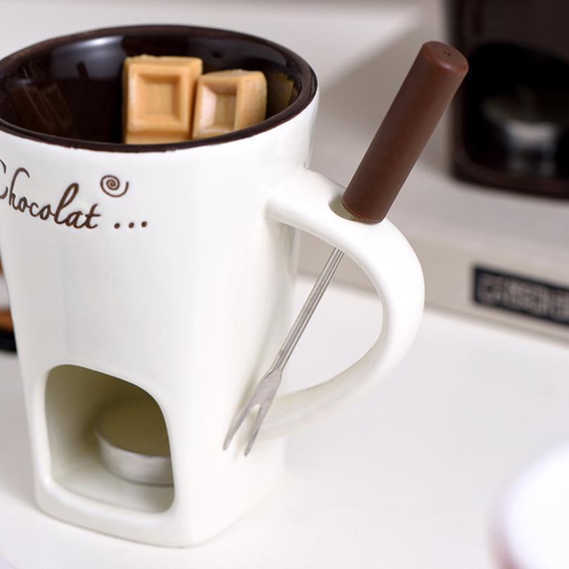 Chocolate Melt Ceramic Fondue Cup With Fork Ice Cream Cheese Chocolate Dessert Melt Oven Heated Food Birthday Cooking Appliances