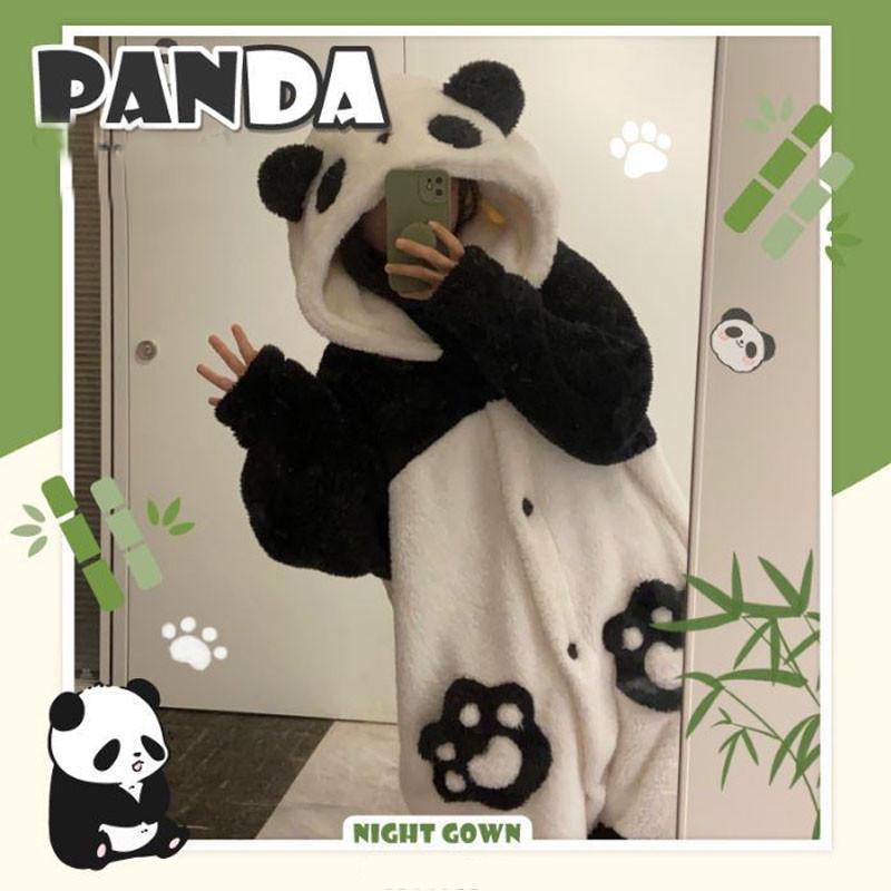 Kigurumi Cartoon Panda Pyjama Damen Korallfleece Verdicktes Nachthemd Niedliche Mädchenpyjamas